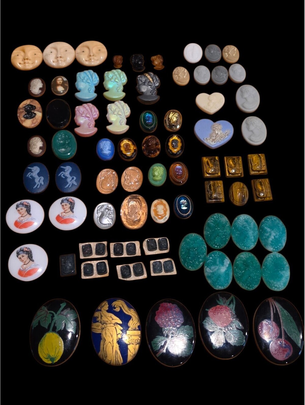 Antique Mixed Jewelry Findings Cameo Plastic Lucite Stone Cabochon Craft Lot